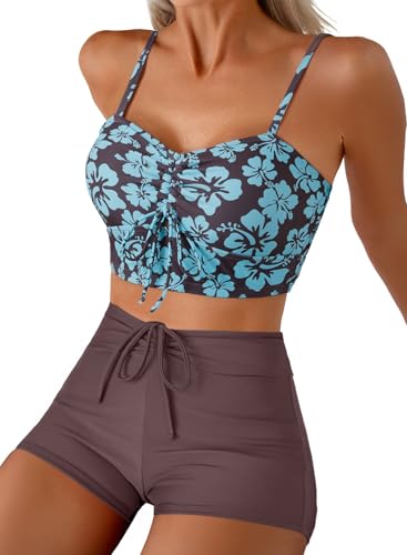 Herseas Two Piece Bathing Suit for Women Tummy Control Sweatheart Neck Push Up Bikini Tops Lace Up Drawstring Swimsuit Bottom Boy Short Swims Brown Large