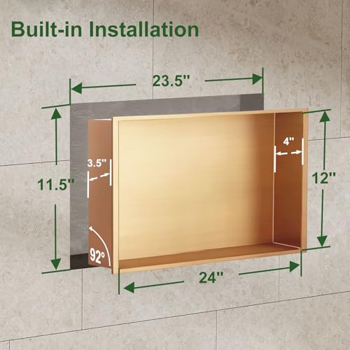Elefloom Shower Niche, 12 * 24 Stainless Steel Elegant Bathroom Niche, No Tile Needed Recessed Shower Shelf Organizer for Storage,Gold by Elefloom - Used condition - Image 2