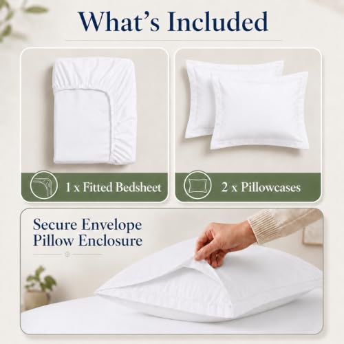 Image of LANE LINEN 100% Organic Cotton Fitted Bedsheet for Double Bed - White | GOTS Certified, Percale Weave, 78x60 inches, Fits Upto 12 inch Mattress, Soft, Breathable, Washable, 2 Pillow Covers