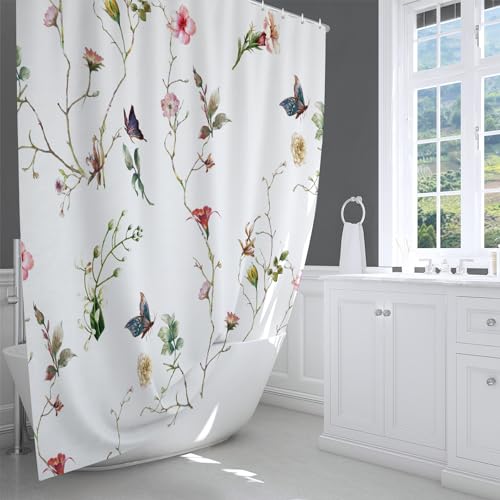 LIVETTY Shower Curtain Floral Shower Curtains 180x180cm Mould Proof Butterfly Fabric Bathroom curtain For Women & Men With 12 Hooks Washable Quick-Drying Curtains - Image 4