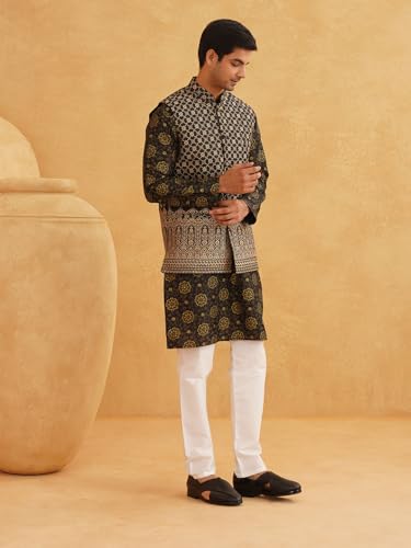 Image of SOJANYA (Since 1958 Men's Silk Blend Kurta & Off White Pyjama with Nehru Jacket