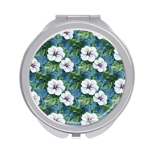 Buewutiry Small Compact Mirror for Purses - 1x/2x Magnification Summer Tropical Flowers Print Small Hand Mirror for Women Men, Folding Mini Handheld Pocket Portable Travel Makeup Mirrors for Camping