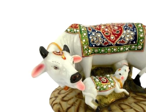 Image of PulGos Kamdhenu Cow Statue with Baby Calf - Elegant Showpiece for Home & Office Decor - Vastu Item for Living Room, Mandir & Workspace - Beautiful Cow Idol for Traditional & Modern Interiors
