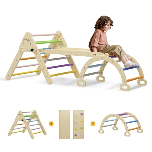 Image of BanaSuper Colorful 3 in 1 Pikler Triangle Set with Ramp & Arch for Kids Foldable Climbing Triangle Ladder Wooden Triangle Climber Montessori Toddler Climbing Toys Outdoor Indoor Playground Play Gym