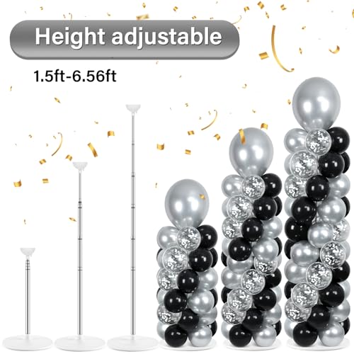 Image of Naozinebi 2 Sets Black and Silver Balloon Column Stand Kit with 100 Balloons, 110 Pieces, Adjustable Balloon Tower Stand with Base for Floor, General Celebration, Unisex Adults