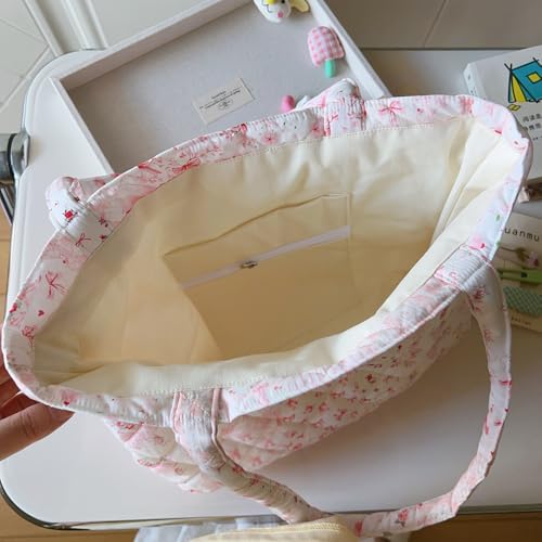 Image of Floral Quilted Cotton Shoulder Bag for Women Daily Use Medium Size Handbag Large Capacity Thickened Design Tote