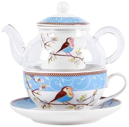 YBK Tech Tea for One Set, Glass Teapot with Porcelain Infuser Strainer and Cup & Saucer- Happy Bird Pattern (Blue)