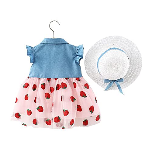Image of Bold N Elegant Cap Sleeve Denim Embroidered Midi Party Dress Frock with Hat Dress for Infant Toddler Girl Baby Girl