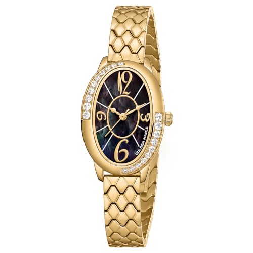 GOLDEN MAPLE Women's Oval Watch, Gold-Tone with Crystal Accents, Textured Bracelet Band, Mother of...