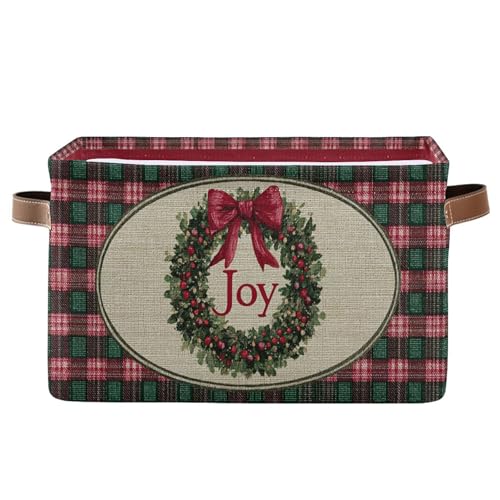 Image of Christmas Joy Wreath Bow Knot Storage Basket with Waterproof Liner and PU Handles Winter Poinsettia Buffalo Plaid Storage Bins Boxes 14.2 inch Collapsible Decorative Baskets for Bedroom Office 1 Pack