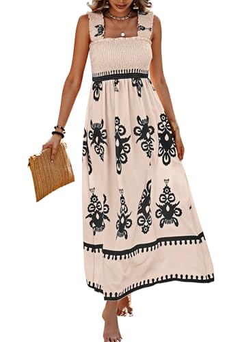 Image of PRETTYGARDEN Women's Sleveless Boho Maxi Dress | Boho Floral,Square Neck,Wide Ruffle Straps,with Pockets,Smocked A Line Dresses,Flowy Sundress for Summer Beach,Travel,Party