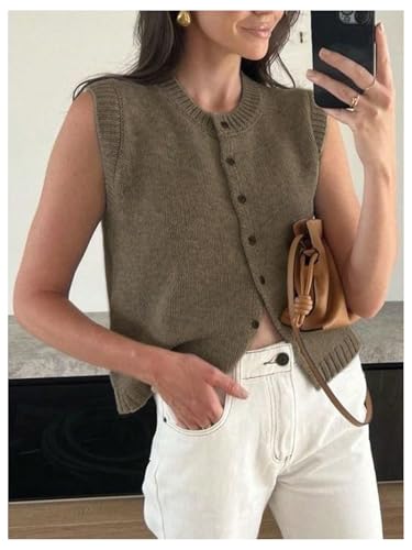 Image of GORGLITTER Women's Button Up Sweater Vest Crewneck Sleeveless Knit Sweater Tank Top