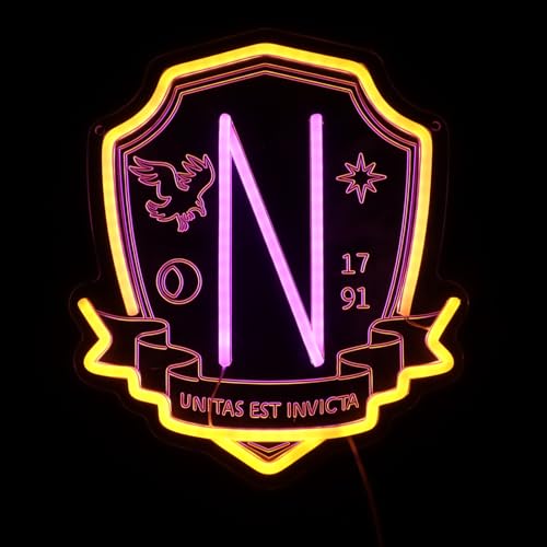 Image of Acadamy Purple 1791 Neon Signs for Wall Decor, 12*13 Inches, Unitas Est Invicta LED Lights with Dimmer Switch, Gothic School Emblem Neon Lights for Wodnesday Fans Gifts and Halloween Theme Party Decoration