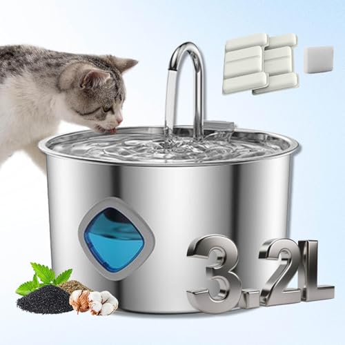 Hydrovet Cat Water Fountain, 3.2L Hydro Vet Filters Water Fountain, Stainless Steel Automatic Pet Water Dispenser with Quadruple Filtration, Filtered Water Bowl Flor Cats Dog (Silver, 2 Flter)