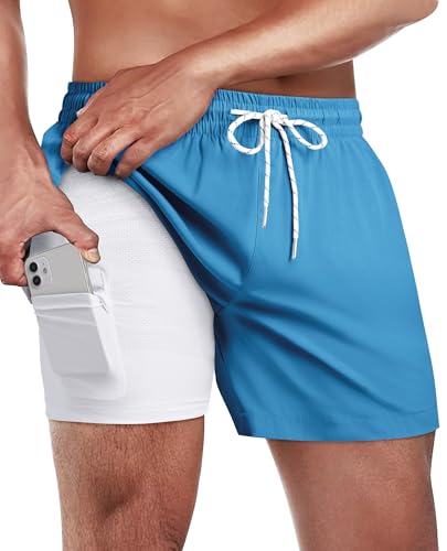 Image of Gleeease 5inch Mens Swim Trunks: 2 in 1 with Compression Liner Lined Soft Stretch Quick Dry Solid Pockets Drawstring Beach