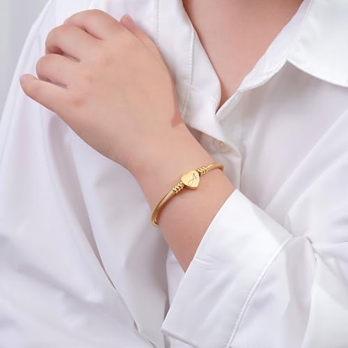 Image of MYNENEY Gold /Rainbow Stainless Steel Bangles Jewery for Birthday Halloween Heart Initial A-Z Letters Bracelets for Girls