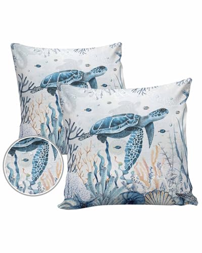 Boanket Outdoor Pillow Covers 16 x 16 in, Blue Sea Turtle Waterproof Throw Pillow Cover Set of 2, Coastal Ocean Beach Coral Nautical Home Decorative Square Cushion Covers for Patio/Tent/Couch/Garden