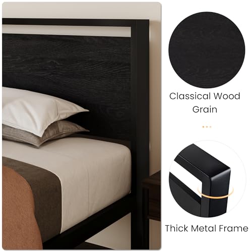 SHA CERLIN 14 Inch Twin Size Metal Platform Bed Frame with Wooden Headboard and Footboard, Mattress Foundation, No Box Spring Needed, Large Under Bed Storage, Heavy Duty Slats Support, Black Oak