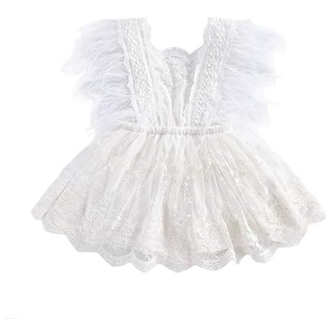 Baby Girls Summer Princess Tulle Dress Kids Ruffled Sleeveless Feather Tassel Tutu Skirt Infant Floral Embroidery Lace Hem Jumpsuit (White, 0-6 Months) Cover