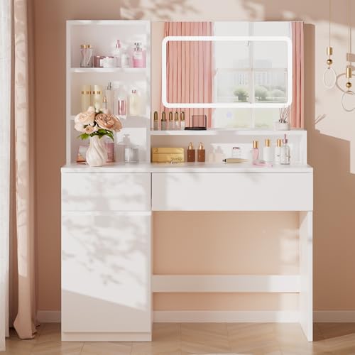 Airfish Tocador con Grande Espejo y Luces LED, Brillo Ajustable Tocador de Maquillaje con 3 Estantes Abierto y 4 Compartimentos Abiertos, Mesa de Maquillaje con Cajón Grande y Armario, Blanco