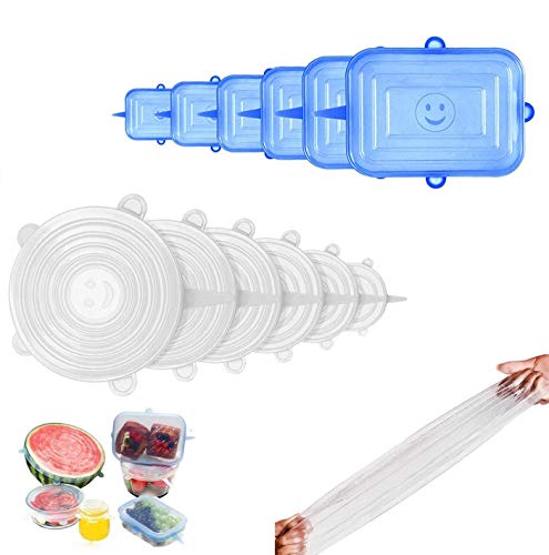 Unique'store Redondas y Cuadradas Tapas de Silicona elásticas, 12 Tapas de Silicona Ajustables Extensibles Adecuadas para Tazones, Latas,etc, Sin BPA