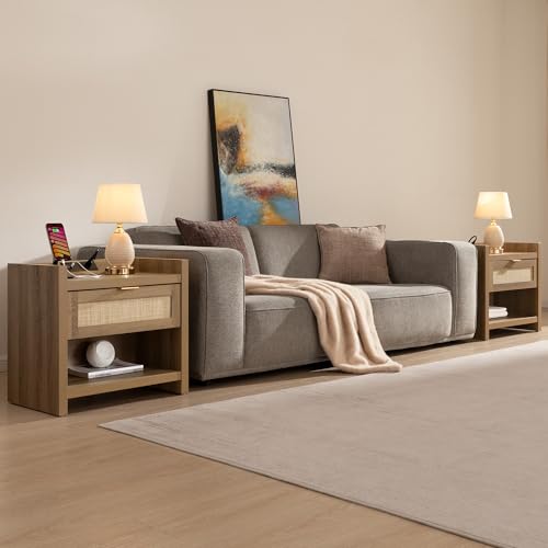 Image of SICOTAS Night Stand Set of 2 Nightstands - Rattan Bed Side Table with Drawer Storage,Type-C Charging Station End Table - Boho Bedside Night Stands for Bedroom - Natural Oak