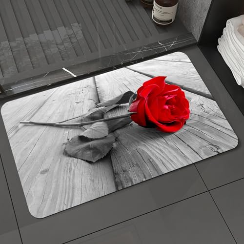 KDWJS Bath Mat,Soft and Comfortable,Super Water Absorption,Non-Slip,Machine Wash,Easier to Dry for Bathroom Floor Rug,bright red rose with black and white leaves lying on a weathered wooden,16x24 in KDWJS Bath Mat,Soft and Comfortable,Super Water Absorption,Non-Slip,Machine Wash,Easier to Dry for Bathroom Floor Rug,bright red rose with black and white leaves lying on a weathered wooden,16x24 in