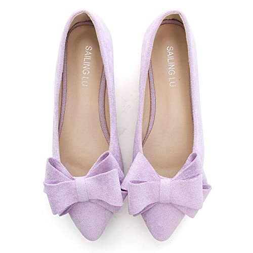 Image of SAILING LU Womens Bowknot Ballet Flats Pointy Toe Suede