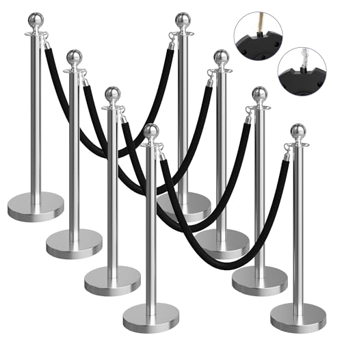 Image of 8 Pack Silver Stanchions and Velvet Ropes Set, Stainless Steel Crowd Control Barriers, 4Pcs Black Ropes and Poles for Party Supplies,Photobooth Accessories,Prom,Birthday,Business,Wedding, Museums