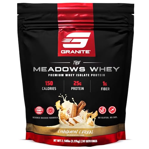 Granite Supplements The Meadows Whey Protein Isolate Protein Powder for Lean Muscle with 150 Calories, 2g Fiber, 1g Sugar (30 Servings), Cinnamon Cereal Flavor