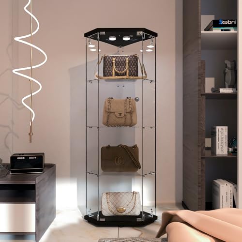 Image of LFT HUIMEI2Y 4-Tier Glass Corner Cabinet with LED&Lock, Display Case Black