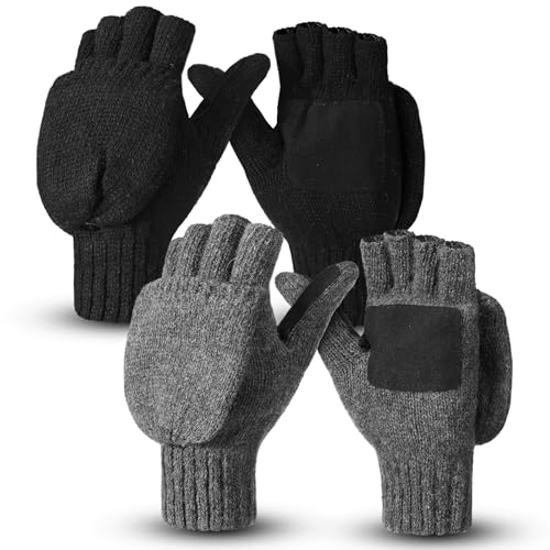 Mepase 2 Pairs Wool Fingerless Gloves Convertible Winter Warm Flip Top Mitten Leather Palm Touchscreen Gloves for Women Men Unisex Cold Weather Protection, Black, Gray