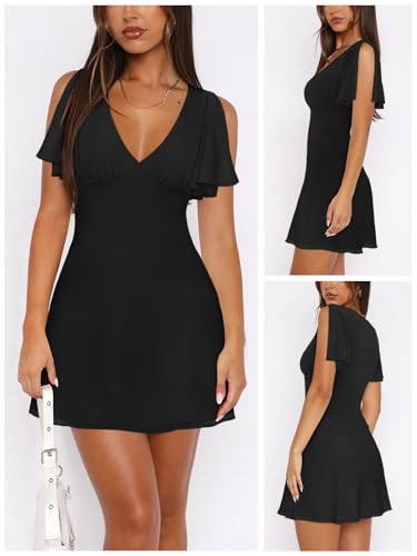Women's Sexy Deep V-Neck Ruffle Sleeve Mini Dresses Summer Casual Bodycon Beach Cocktail Party Club Short Dress2