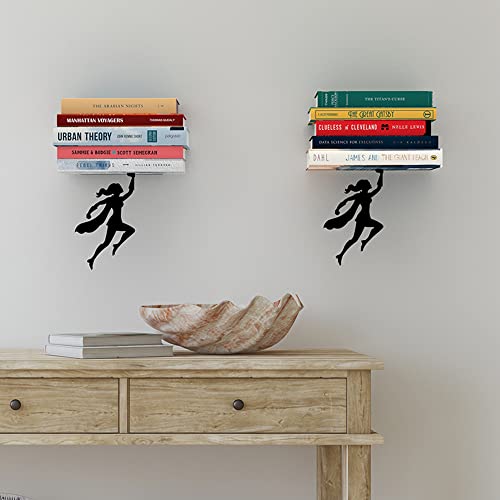 Image of Floating Bookshelf - 2x Wondershelf - Invisible Wall Shelf for Books | Comic decor accent that displays a heroine-themed collection without visible mounting hardware
