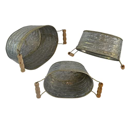 Westcharm 6.5" / 8" / 9.5" Farmhouse Décor Galvanized Oval Planter Tubs | Nested Metal Tin Buckets | Rustic Containers - Set Of 3 #TOP6