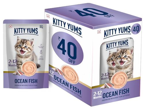 Image of Kitty Yums Kitten Wet Mousse 80g(4+1) Pack of 5, 400g | Ocean Fish | Rich in Protein | Promotes Hydration & Easy to Digest | No Artificial Flavours | Packed with Essential Vitamins & Antioxidants