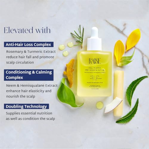 Image of Raise Fall Fighter Pre-Wash Scalp Oil | Infused with Rosemary, Turmeric, Neem & Hemisqualane | 93% Less Hair Fall & 97% Less Breakage | Lightweight, Silicone Free Hair Strengthener | 48ml