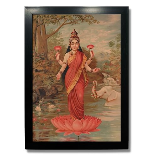 Image of Kagaz Kala Wood - Vintage Art Prints - Hindu God Photos With Frames For Pooja Room Bedroom Living Room Decor Gifts Framed (Goddess Lakshmi), 31 Cm