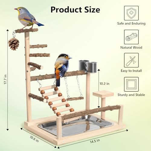 Image of Wood Pet Parrot Playground Bird Play Stand Toys Perch with Feeder Cups for Cockatiel Parakeet Lovebirds Conure (Natural)