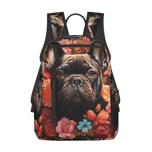 Backpack 14.7 inch Lightweight Large Bookbag Bulldog and Flowers Daypack for Travel Office Work