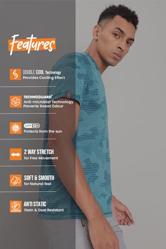 Image of TECHNOSPORT Men Polyester Regular Fit Half Sleeve Jacquard T-Shirt with Double Cool, Quick Dry & Anti Microbial for Sports, Running & Casual Use