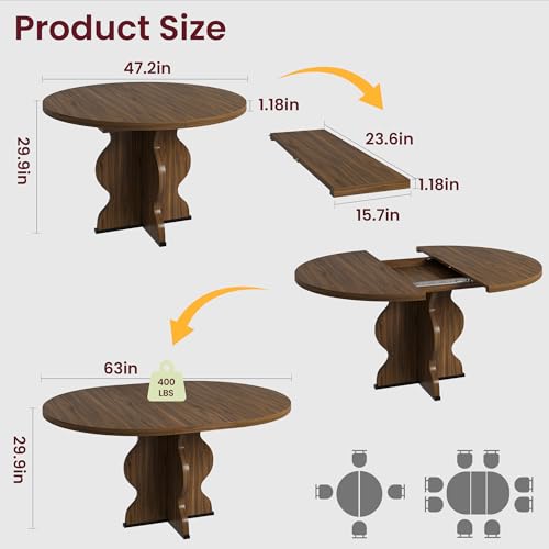 Garvee 47"-63" Extendable Round Dining Room Table for 4-8, Farmhouse Expandable Wood Kitchen Table w/Wider Leg, Sturdy Metal Frame, Oval Circle, for Dinner, Kitchen, Apartment, Space Save, Walnut - Image 2