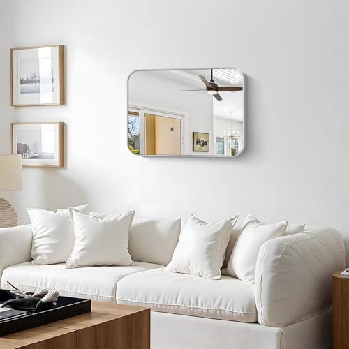 Image of Silver Bathroom Mirror, 18 x 24 Inch Rectangle Mirrors for Wall, Rounded Corner Metal Framed Wall Mounted Mirror for Over Sinks Living Room Bedroom Entryway Hangs Horizontal /Vertical