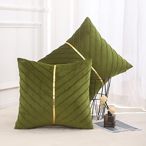 Image of Velvet Throw Pillow Covers 22x22 Pack of 2 Gold Decor Olive Green