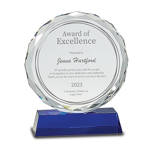 Ravanox Personalized Round Facet Crystal Plaque on Blue Base Award, Custom Engraved Glass Award for Employee Appreciation, Recognition, Retirement and More (5