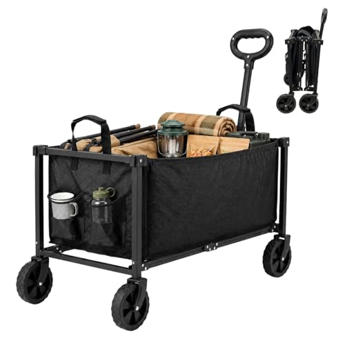 SUGOOE Carro plegable resistente de 150 litros, capacidad de peso de 440 libras con 4 ruedas todo terreno, carrito utilitario de plegado rápido con asa para camping, jardín, deportes, comestibles
