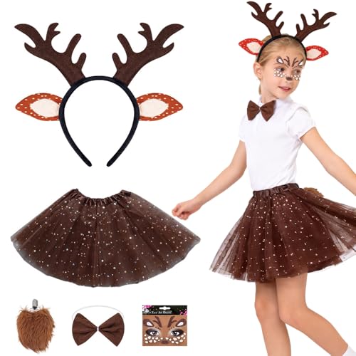 Afenau Rentier Kostüm Kinder 5 IN 1 Reh Kostüm Kinder Mädchen mit Tüllrock Braun Rehs KostümDamen RehsKostüm Mädchen Rehkitz KostümKinder für Karneval Cosplay Party Mottoparty (9-12 Jahre)