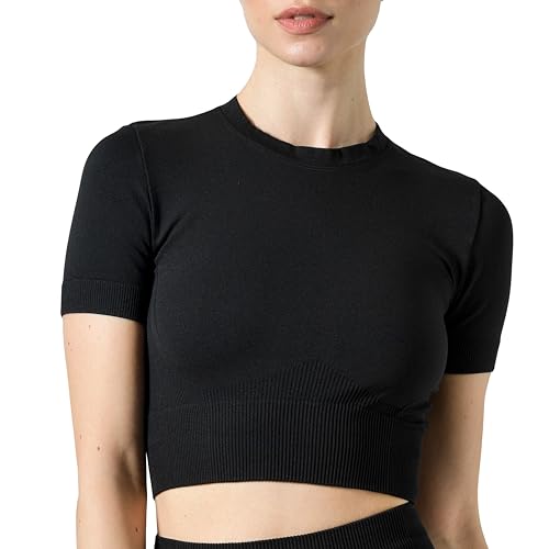 Risalti T-Shirt Crop Top Donna Sportivo Fitness Costina Ilena - Top Palestra Donna Maniche Corte in Microfibra, Abbigliamento Sportivo Donna, Top Donna Elegante Senza Cuciture - Made in Italy