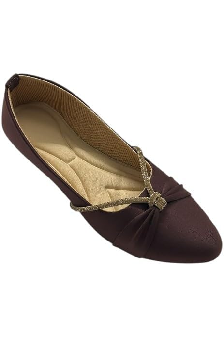 Women's Brown Satin Ballet Flats with Gold Rhinestone Bow Detail, Cushioned Insole-image-28