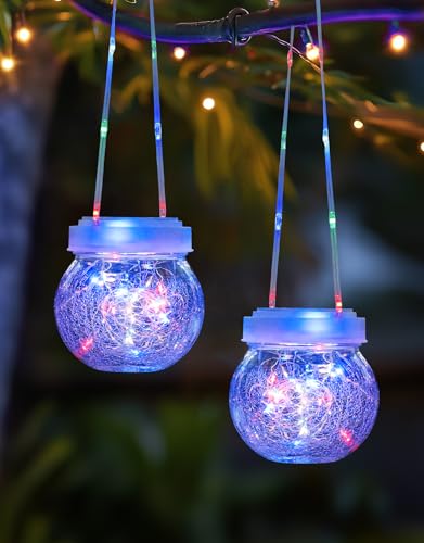 Farol solar de luces solares para exteriores, impermeables, paquete de 2, luces colgantes alimentadas por energía solar, globos colgantes de vidrio agrietado para decoración de Navidad, gancho de